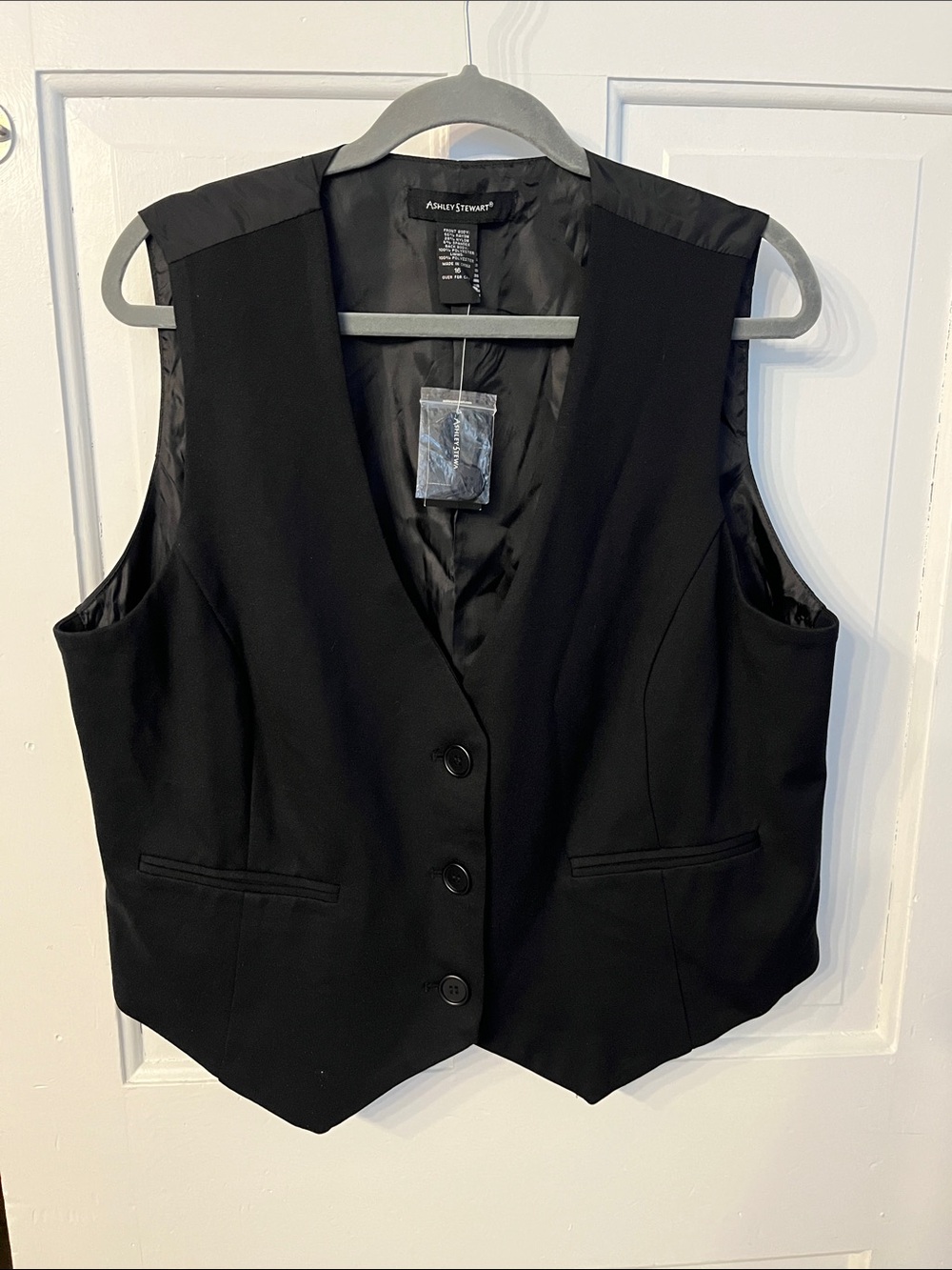 Ashley Stewart NWT Black Vest Button Front Satin Back